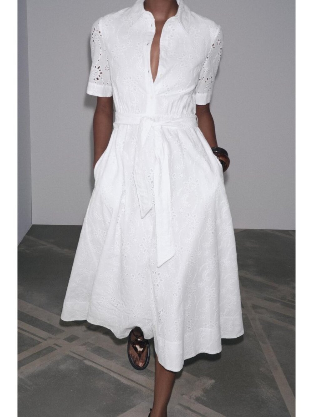 Zara Womens Shirt Dress XS White Embroidered Eyelet Belted Cotton 8223/087 NWT - Picture 1 of 14